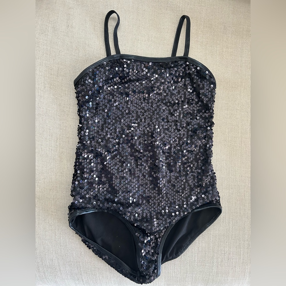 Performancewear sequins bodysuit black with blue / green sequins Med child